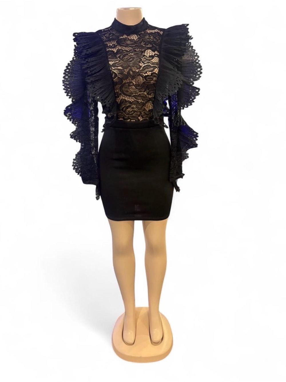 The Sang Black Lace Ruffle-Sleeve Mini Dress